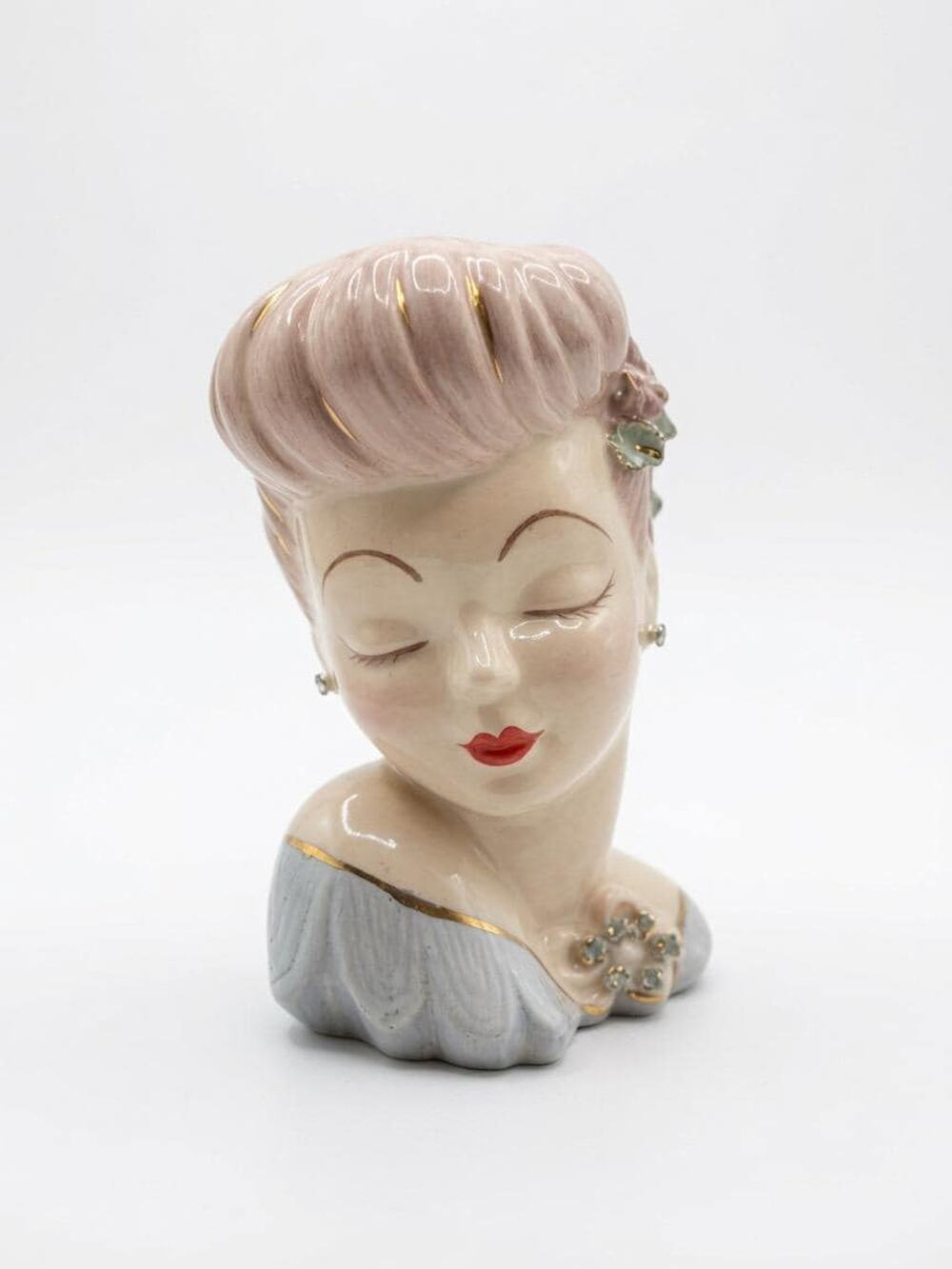 Vintage Maricha Lady Head Vase Pink Hair Gold Accents Applied Roses Oklahoma